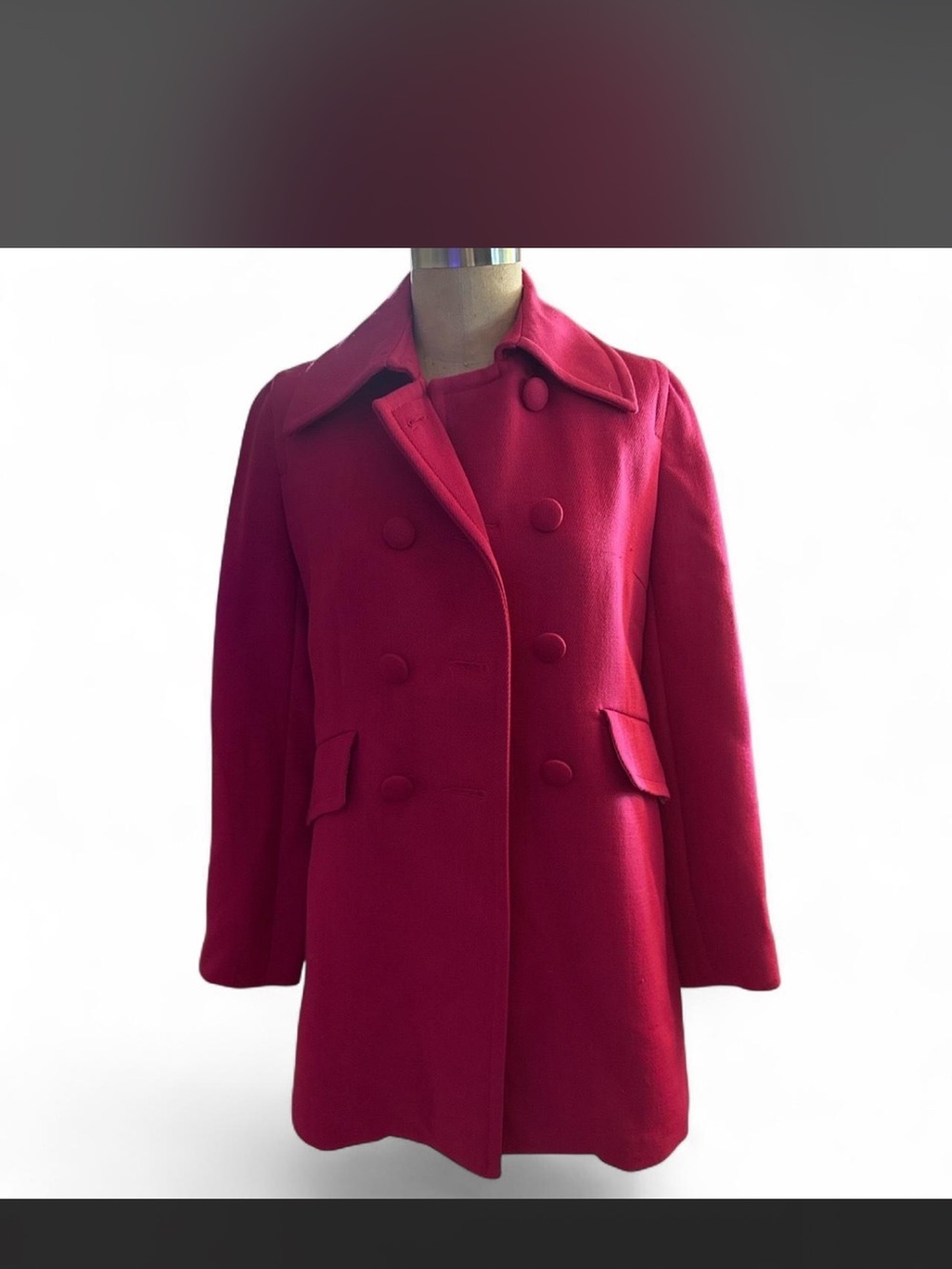 Marciano Double-Breasted Berry-Red Wool Pea Coat